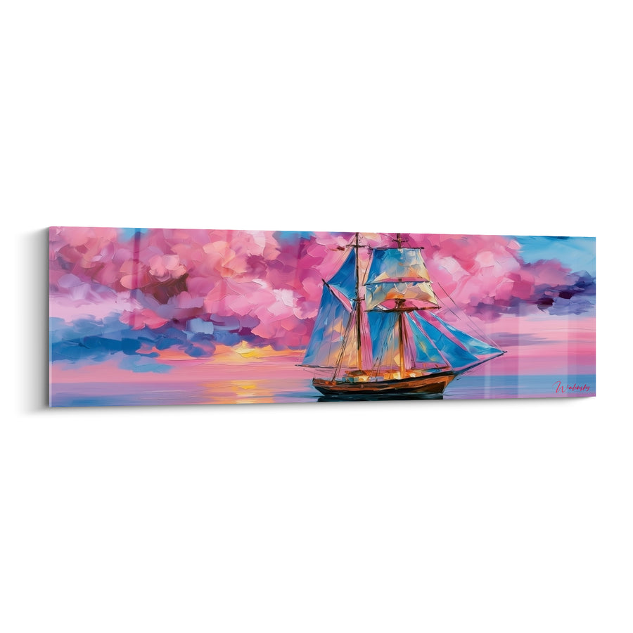 Segelboot-Gemälde blau und rosa unter bauschigen Wolken - Zwei Rahe mit Takelage - Abstrakte Bootsausgabe