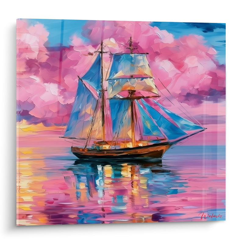 Tableau Voilier aux voiles roses et bleues - Rêverie maritime - Edition Bateau abstrait