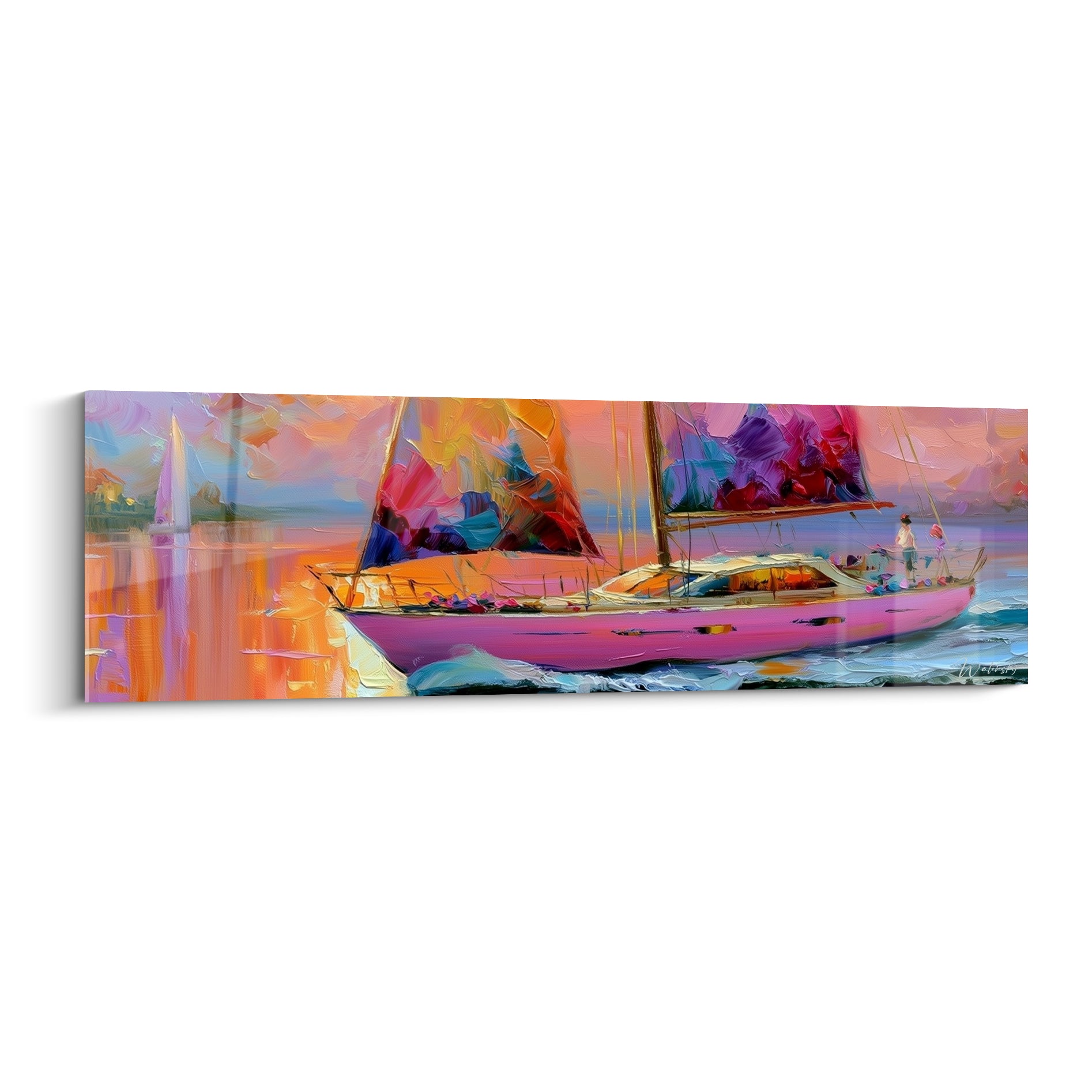 Voilier rose aux voiles violettes et bleues glissant sur une mer reflétant un coucher de soleil orangé