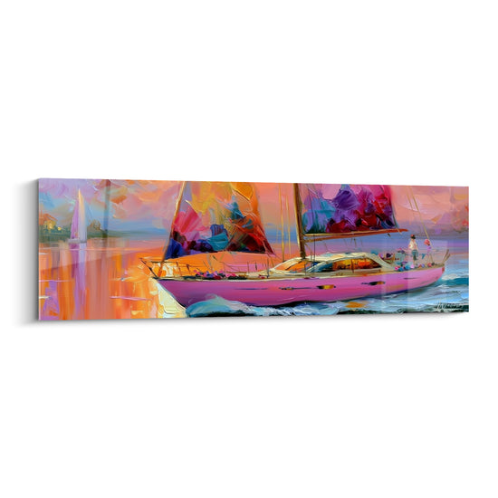 Tableau Voilier rose et violet aux voiles éclatées - Silhouette sur le pont - Edition Bateau abstrait