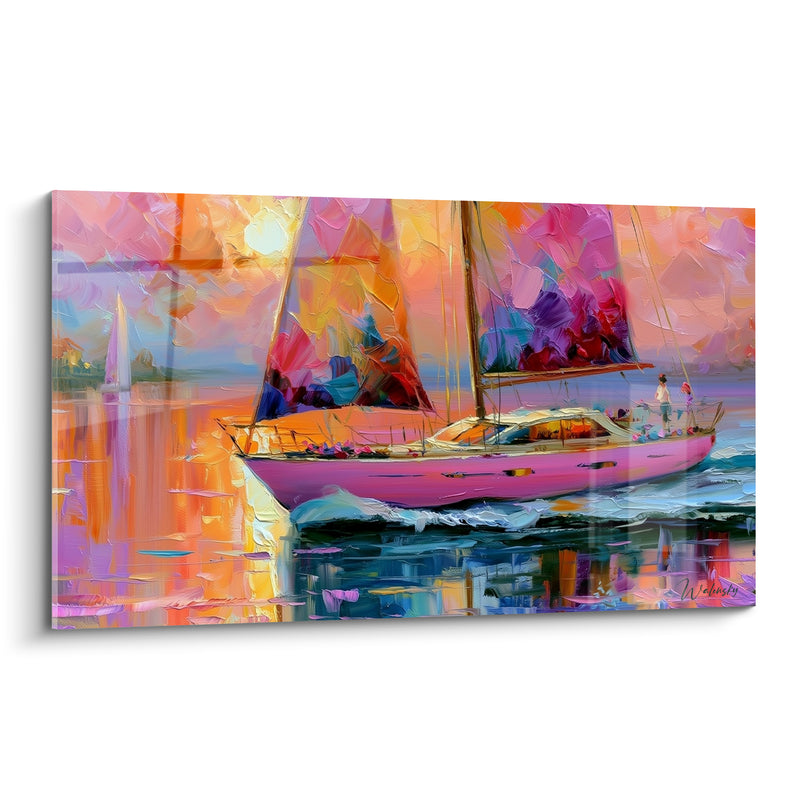 Tableau Voilier rose et orange aux voiles empâtées - Rentrée dorée - Edition Bateau abstrait