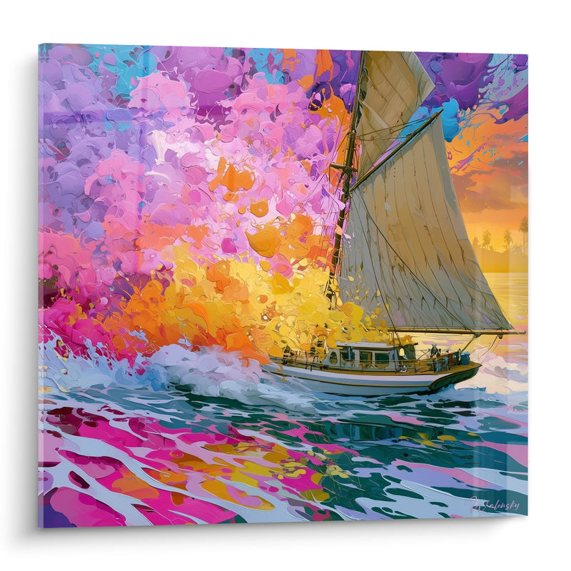 Tableau Voilier blanc parmi éclaboussures roses et orangées - Échappée flamboyante - Edition Bateau abstrait