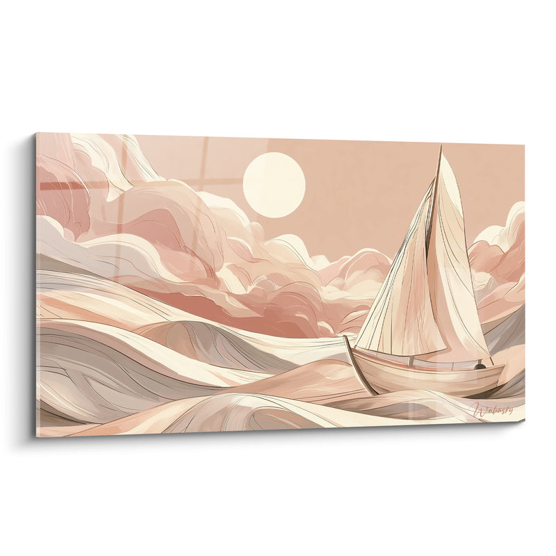 Tableau Voilier beige et rose sous lune pâle - Vagues sculptées ondulantes - Edition Bateau abstrait