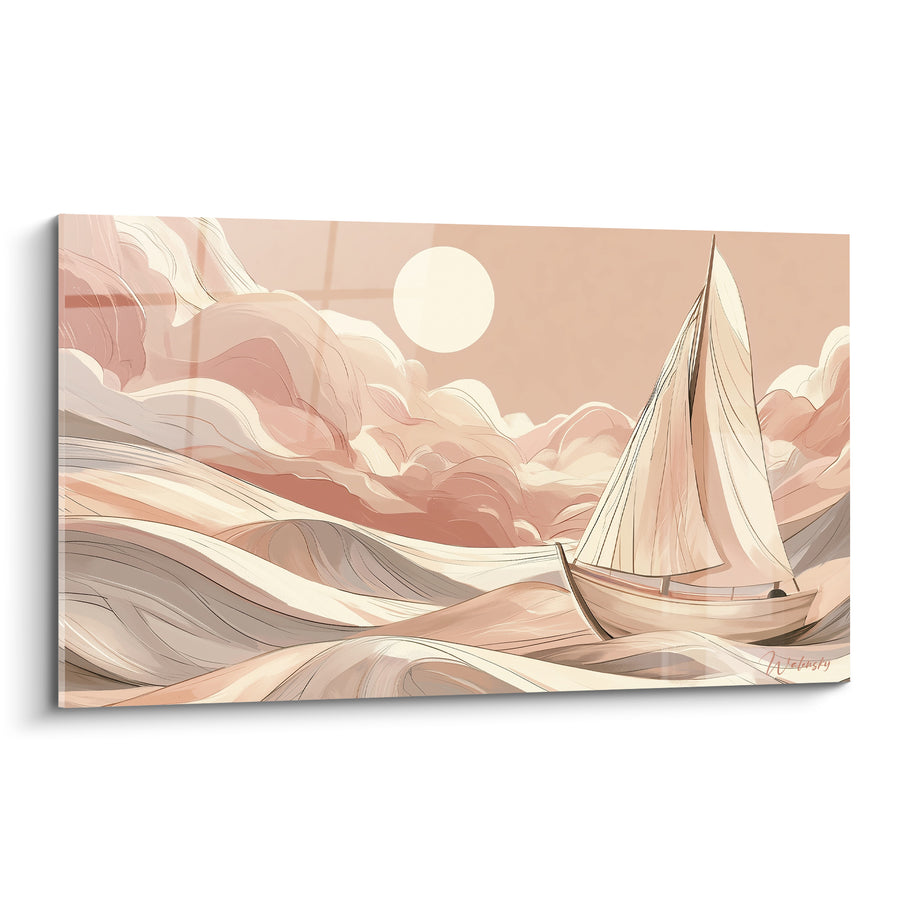 Segelboot-Leinwand beige und rosa unter blassem Mond - Geschnitzte wellenförmige Wellen - Abstrakte Bootsausgabe