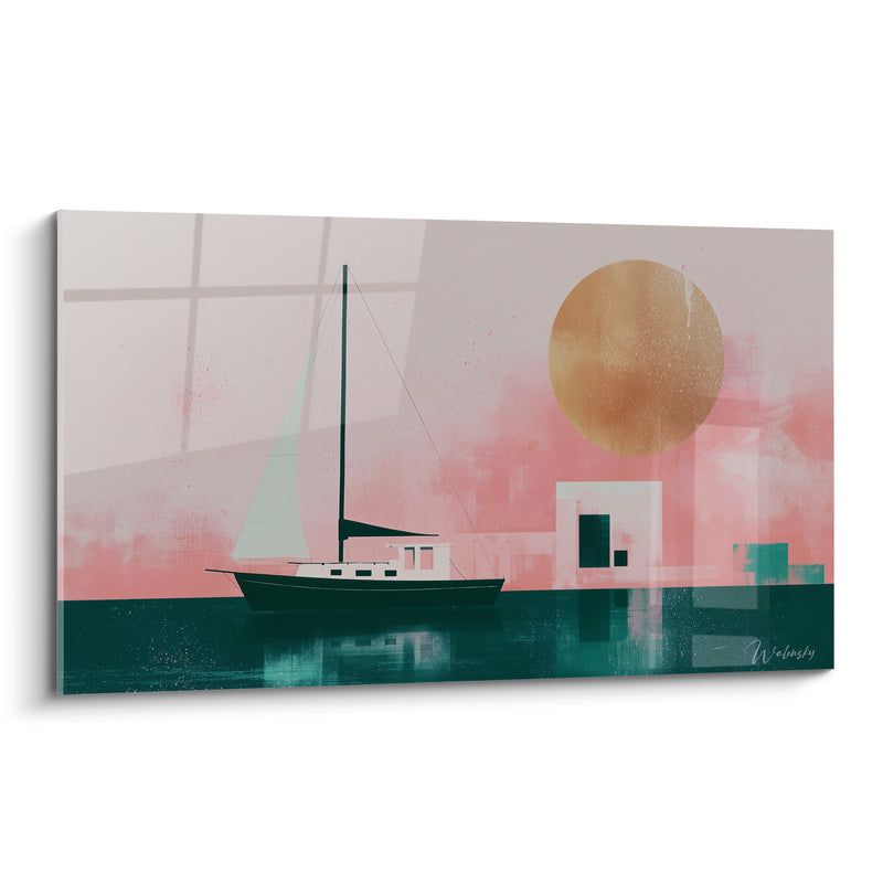 Tableau Voilier rose et vert sur eau calme - Calme au crépuscule - Edition Bateau abstrait