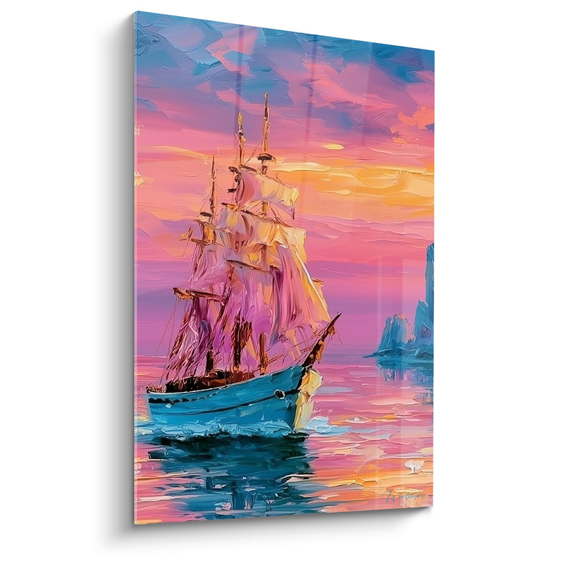 Tableau Trois-mâts turquoise aux voiles roses près des falaises - Mâts multiples ajourés - Edition Bateau abstrait