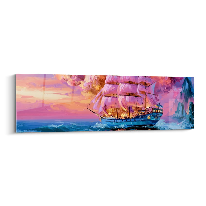 Tableau Trois-mâts bleu et rose voiles gonflées - Falaises turquoise à l'horizon - Edition Bateau abstrait