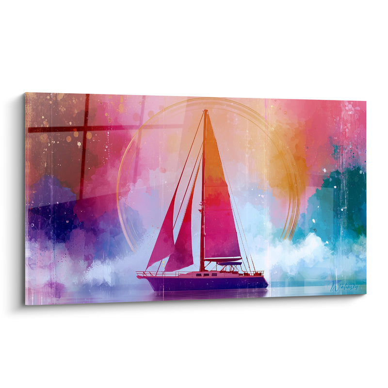 Tableau Voilier rose et turquoise aux voiles éclatantes - Envol vers le large - Edition Bateau abstrait