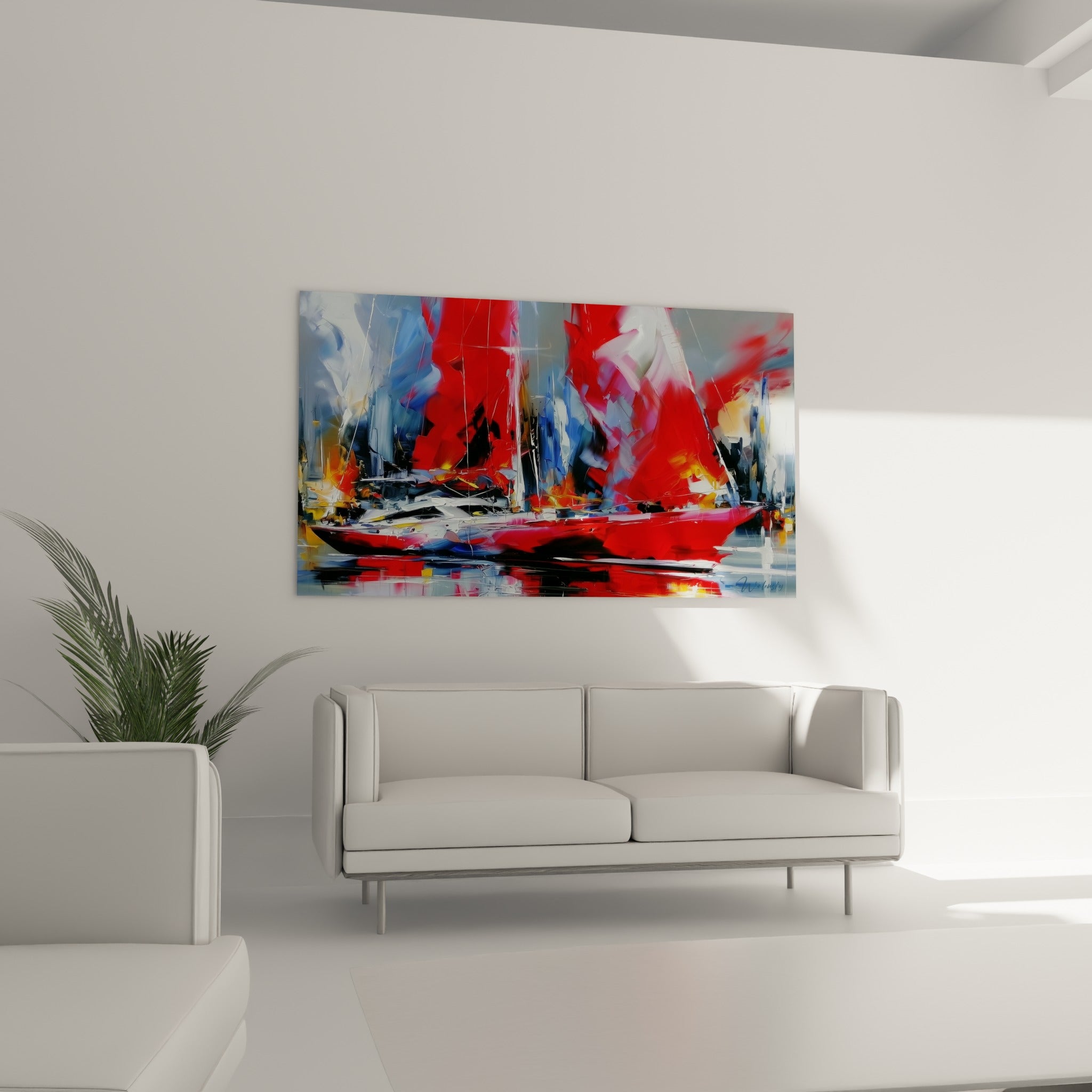 Voiles écarlates et reflets gris d'un voilier abstrait, disposé au-dessus d'un canapé dans un salon lumineux