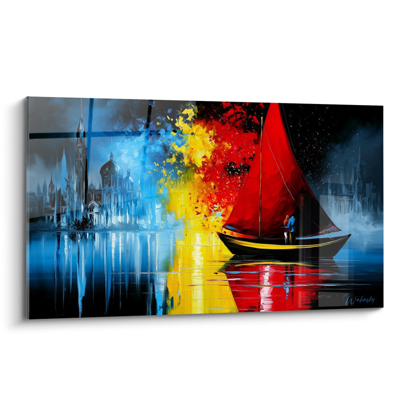 Tableau Voilier rouge et cité bleue - Étreinte sur l'eau - Edition Bateau abstrait