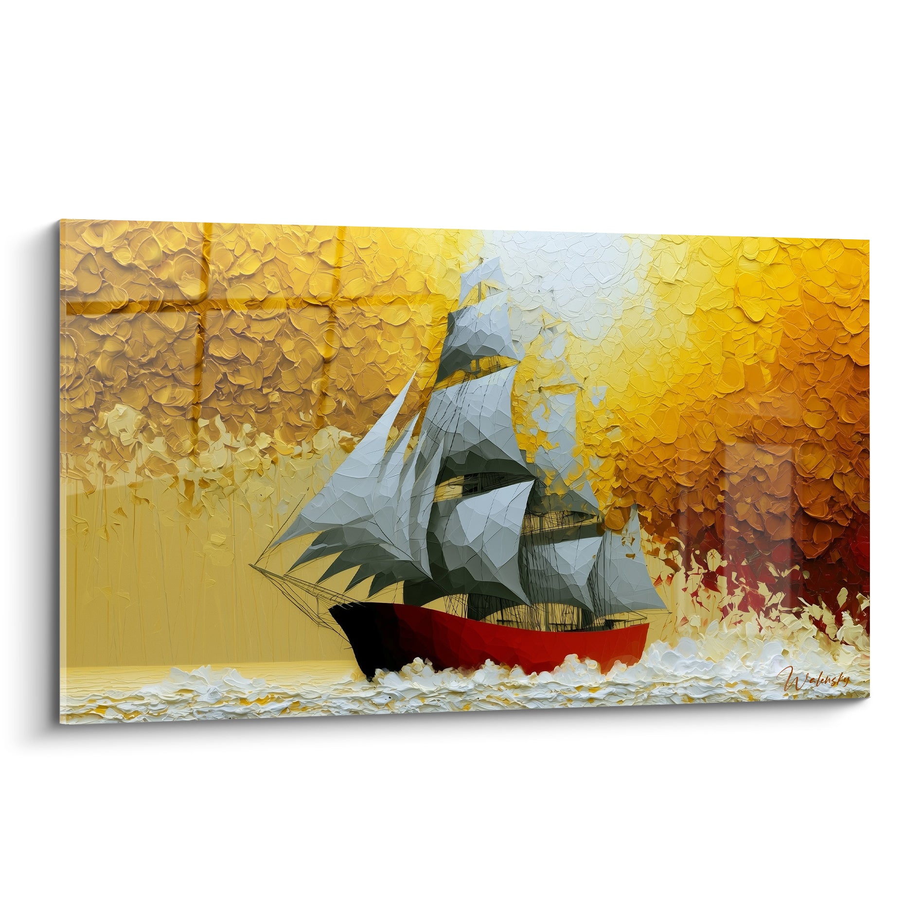 Voilier rouge aux voiles grises sur fond jaune doré et écume blanche, Bateau abstrait