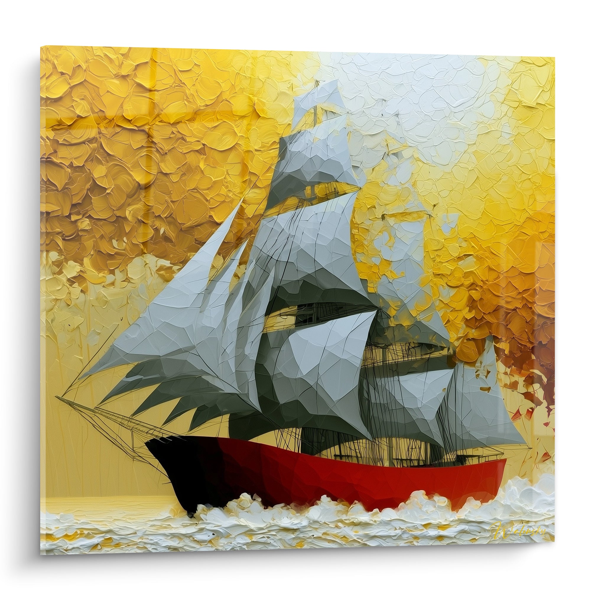 Voilier à la coque rouge et voiles grises sur fond doré texturé, tableau bateau abstrait