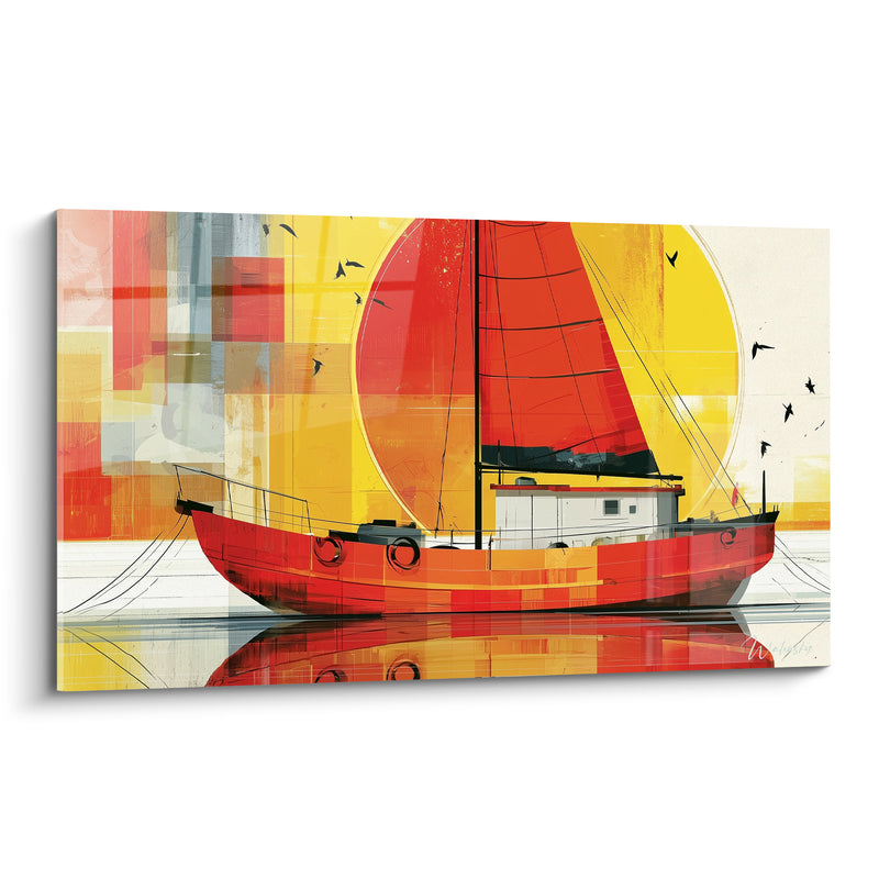 Tableau Voilier rouge et jaune sous grand soleil - Havre au crépuscule - Edition Bateau abstrait