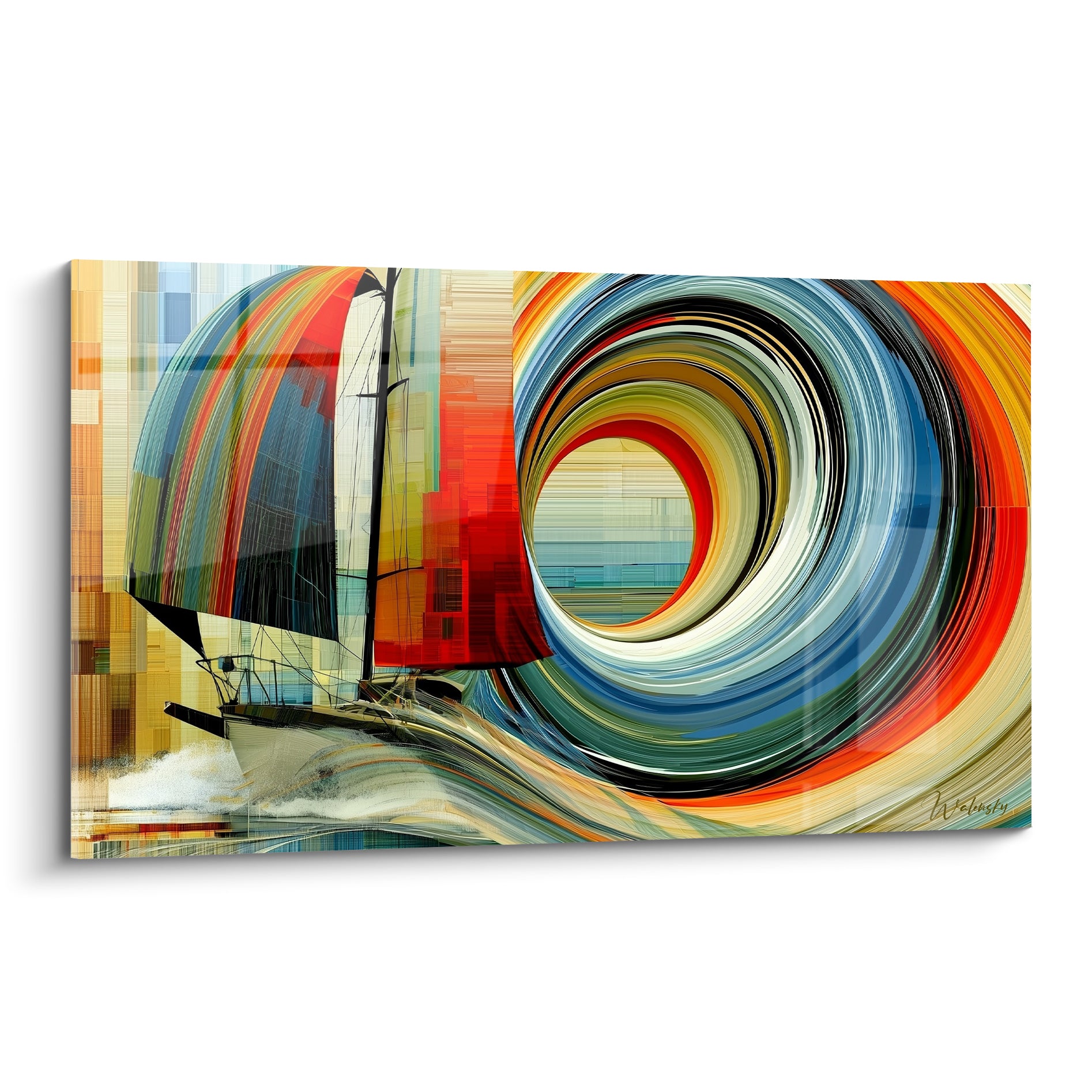Voilier rouge et blanc happé par une spirale bleu marine et ocre, tableau bateau abstrait