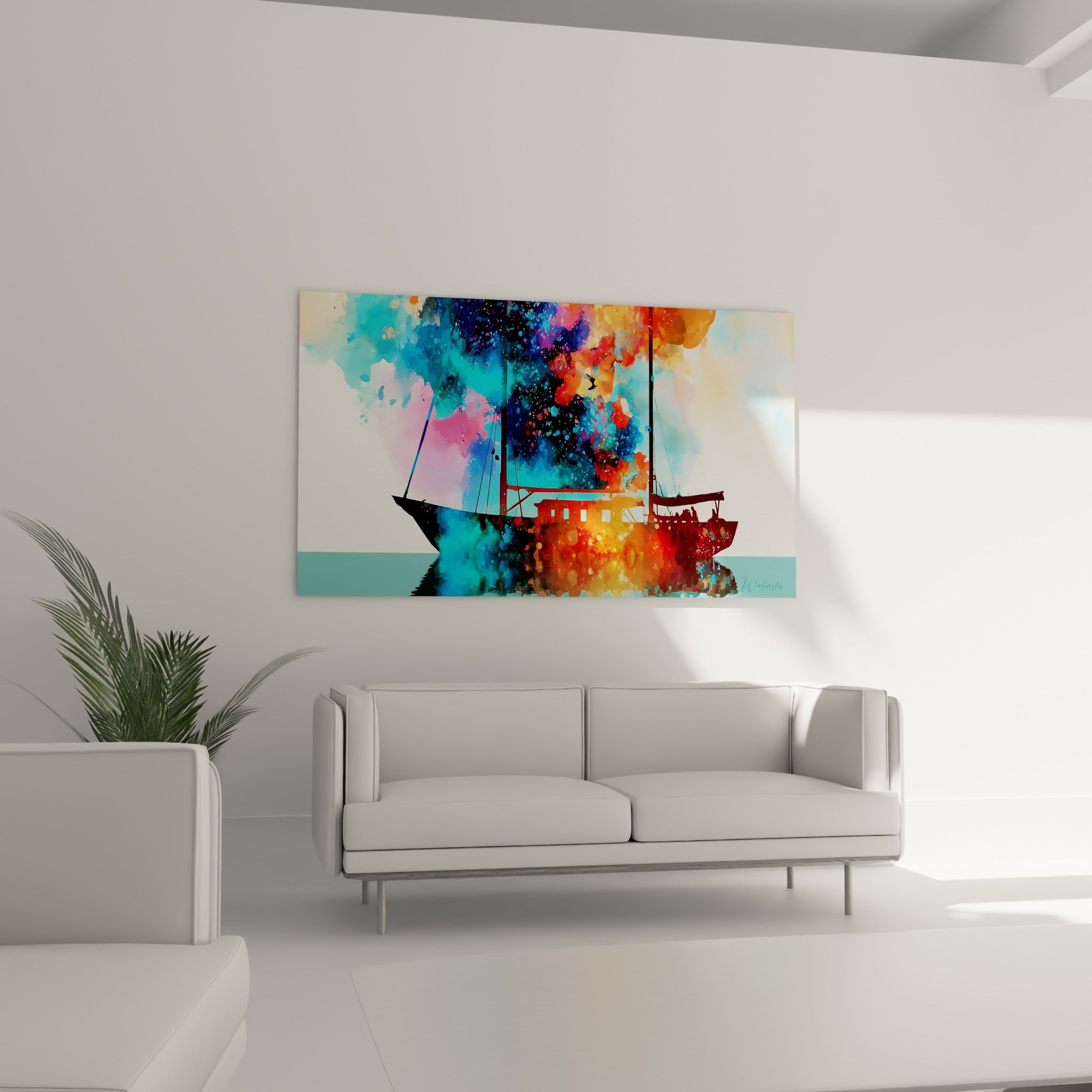 Voilier aux teintes turquoise et rose pâle disposé au-dessus d'un canapé dans un salon lumineux