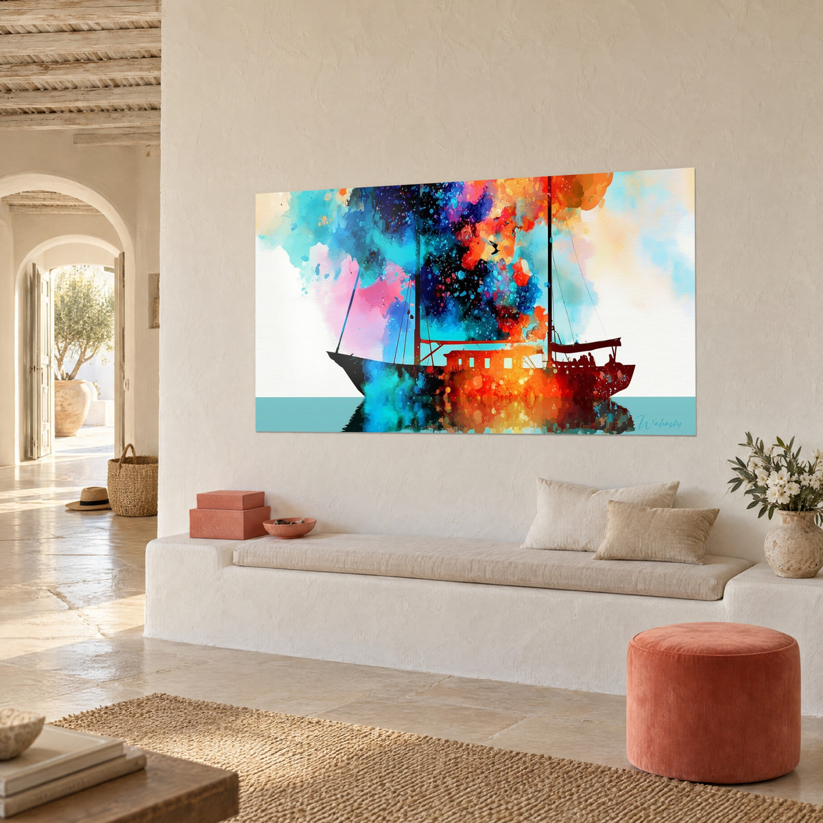 Quadro goletta a due alberi le cui vele si dissolvono in schegge ciano, rosa e arancio, vista di tre quarti, parete bianca intonacata