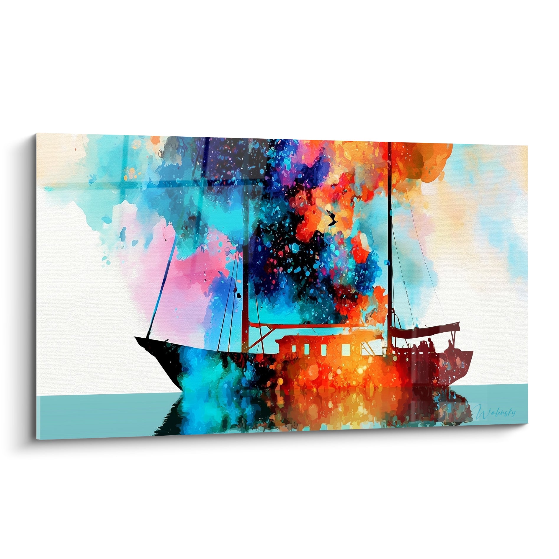Voilier en silhouette noire devant éclaboussures bleu turquoise et orange fauve façon Bateau abstrait