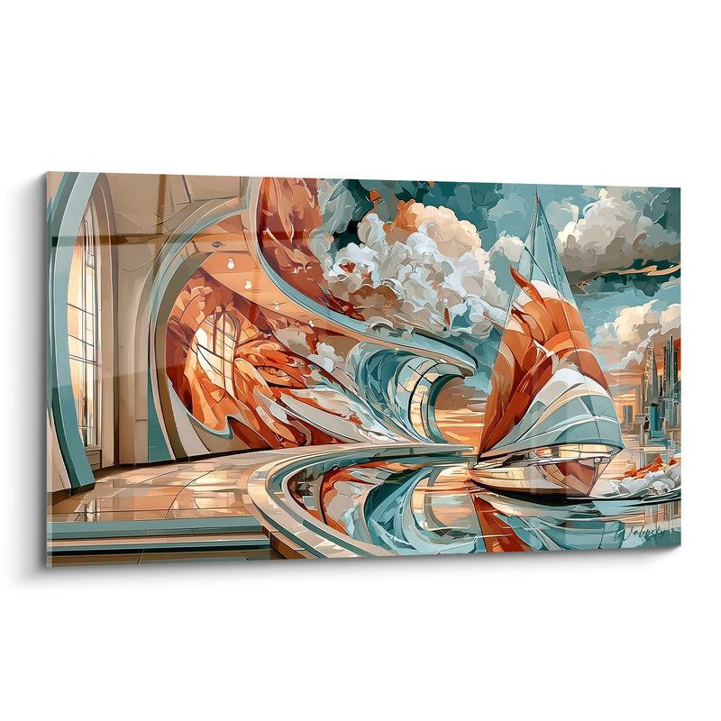 Tableau Voilier architecture terracotta et bleu sarcelle - Voyage suspendu - Edition Bateau abstrait