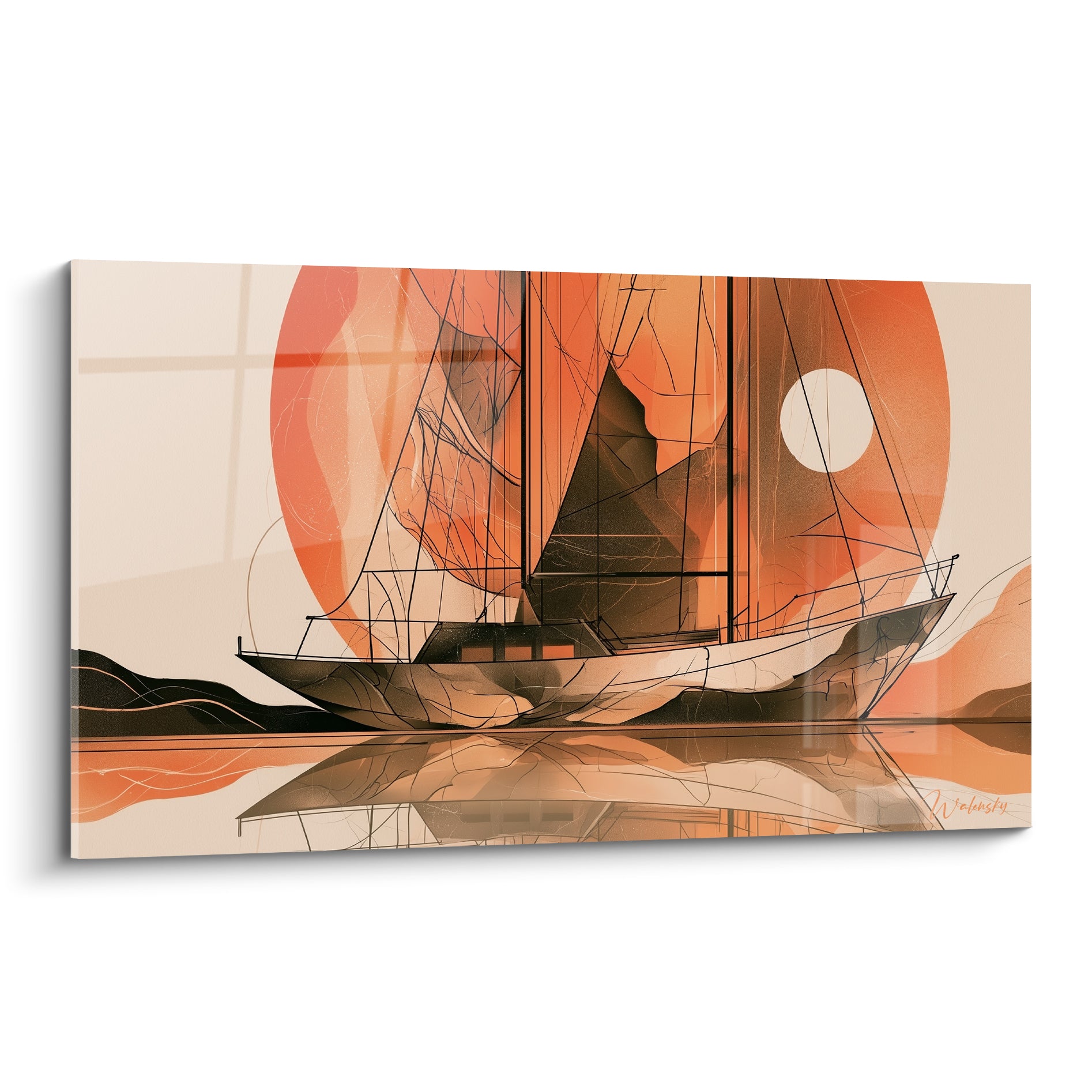 Voilier terracotta aux voiles graphiques devant un soleil orangé et une lune blanche