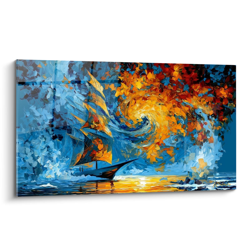 Tableau Voilier bleu et orange sous tourbillon flamboyant - Reflet doré sur l'eau - Edition Bateau abstrait
