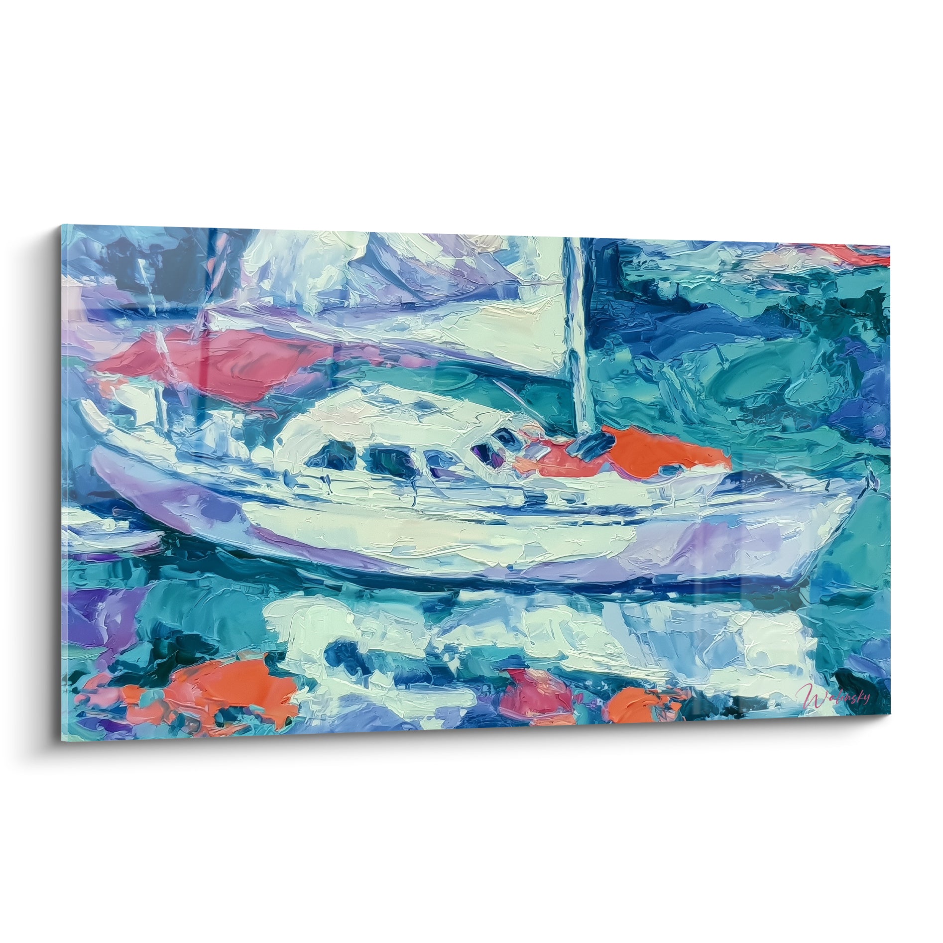 Voilier blanc et turquoise capturé à touches expressives, coque violette et voile corail sur eau scintillante