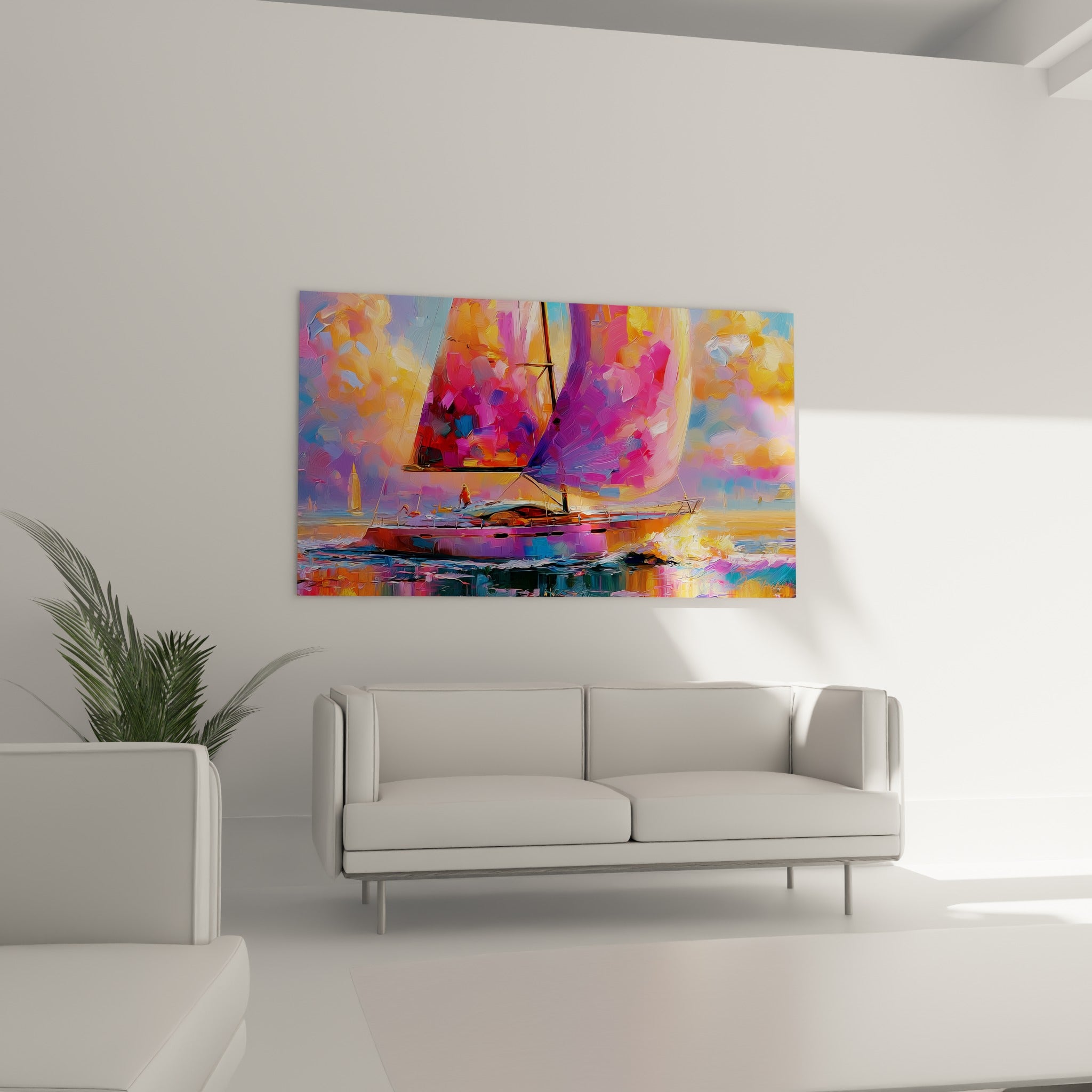 Voilier coloré aux teintes orange et pourpre voguant sur l'océan, au-dessus d'un canapé dans un salon lumineux