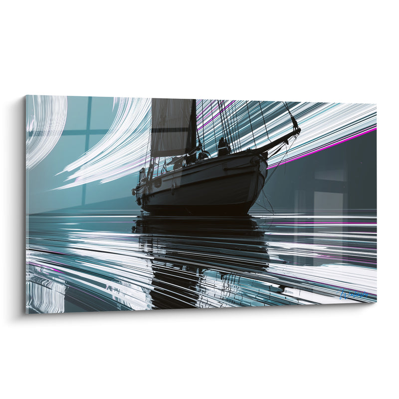 Tableau Voilier silhouette bleu turquoise et blanc filaments - Vent figé - Edition Bateau abstrait