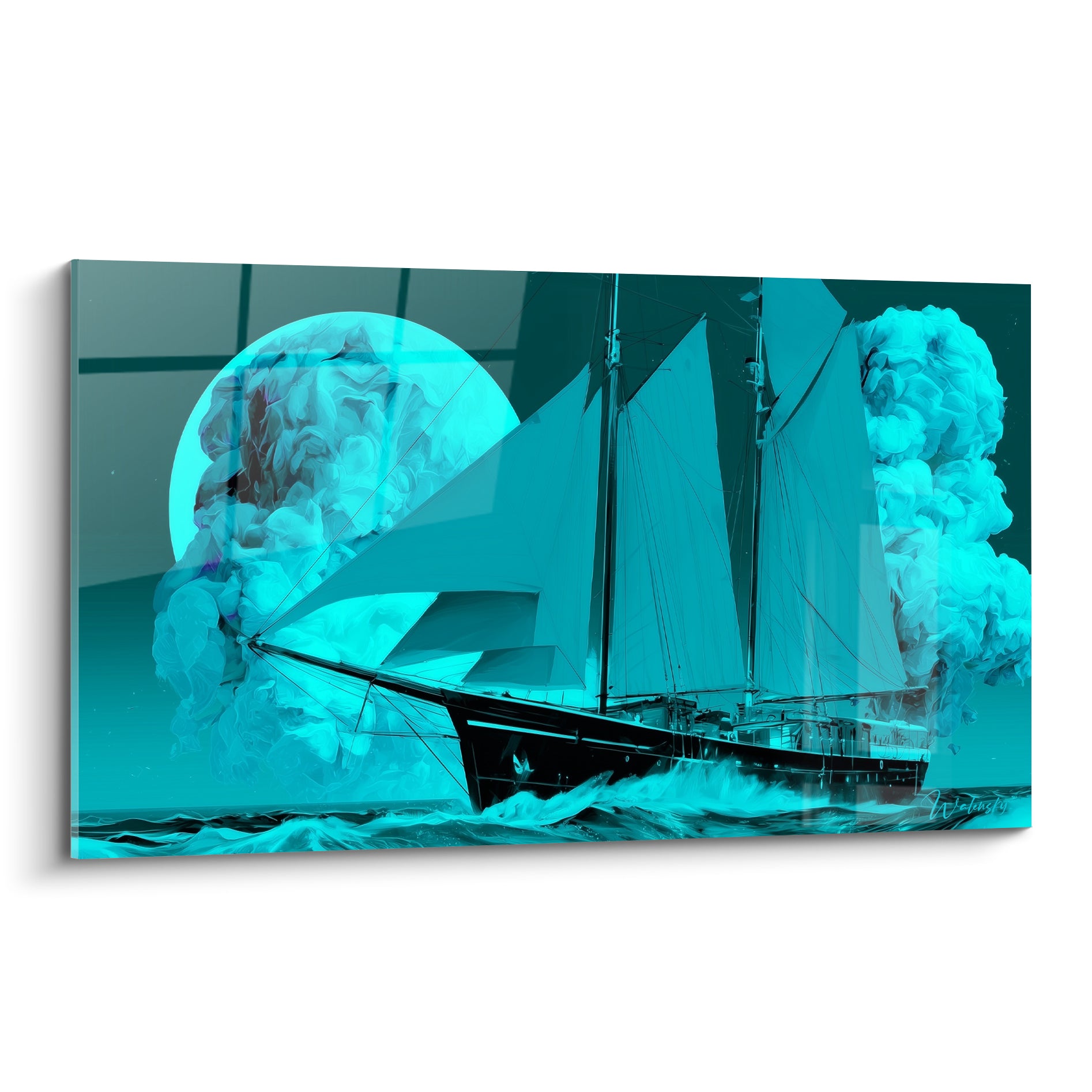 Voilier noir aux voiles turquoise, lune nuageuse en arrière-plan, tableau bateau abstrait