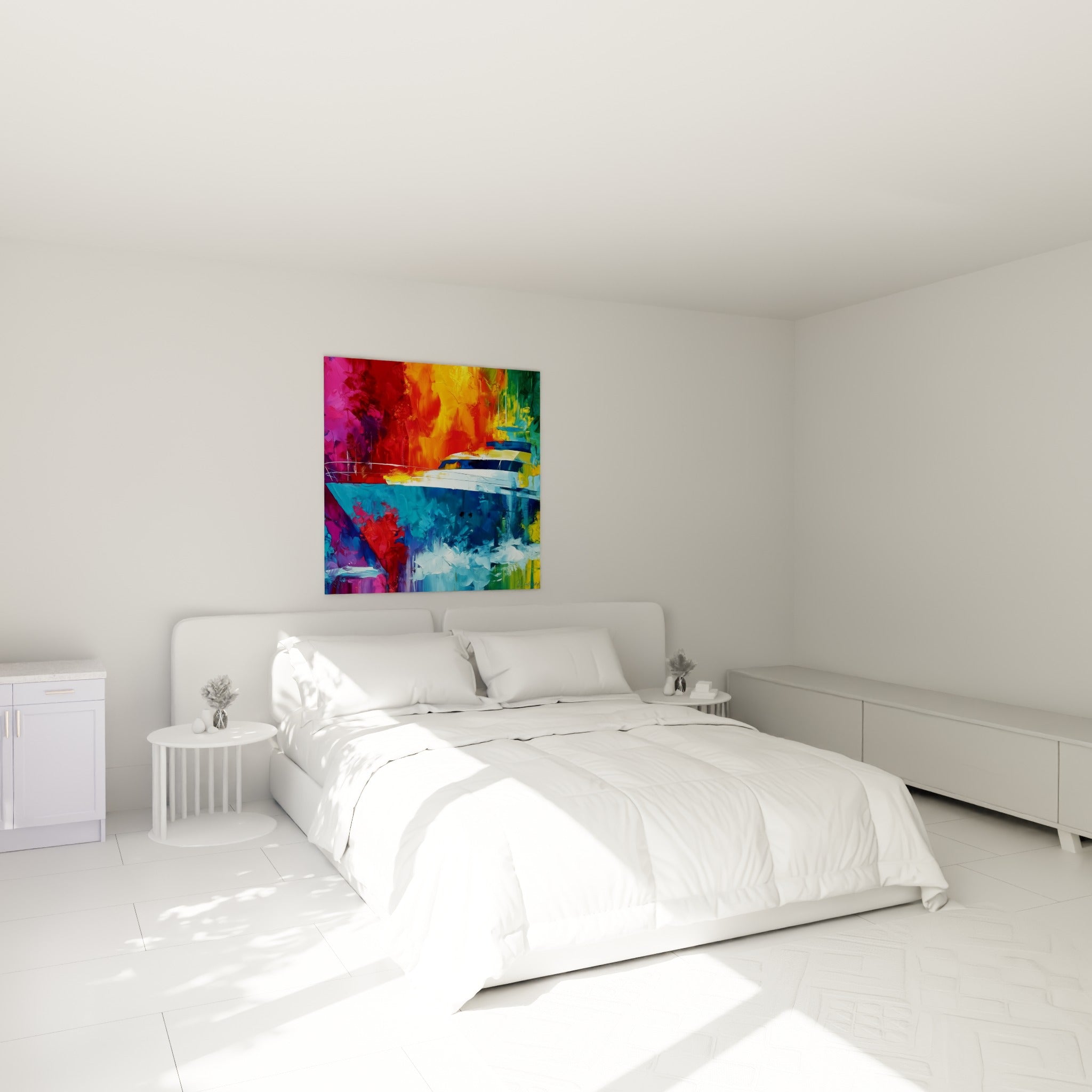 Voilier stylisé aux teintes turquoise et magenta, tableau bateau abstrait accroché au-dessus d'un lit dans une chambre claire