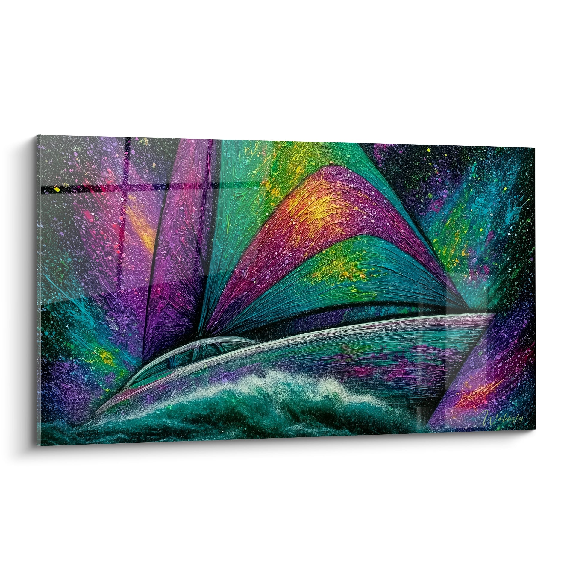 Voilier turquoise et violet fendant l'écume, voiles multicolores sur fond étoilé anthracite
