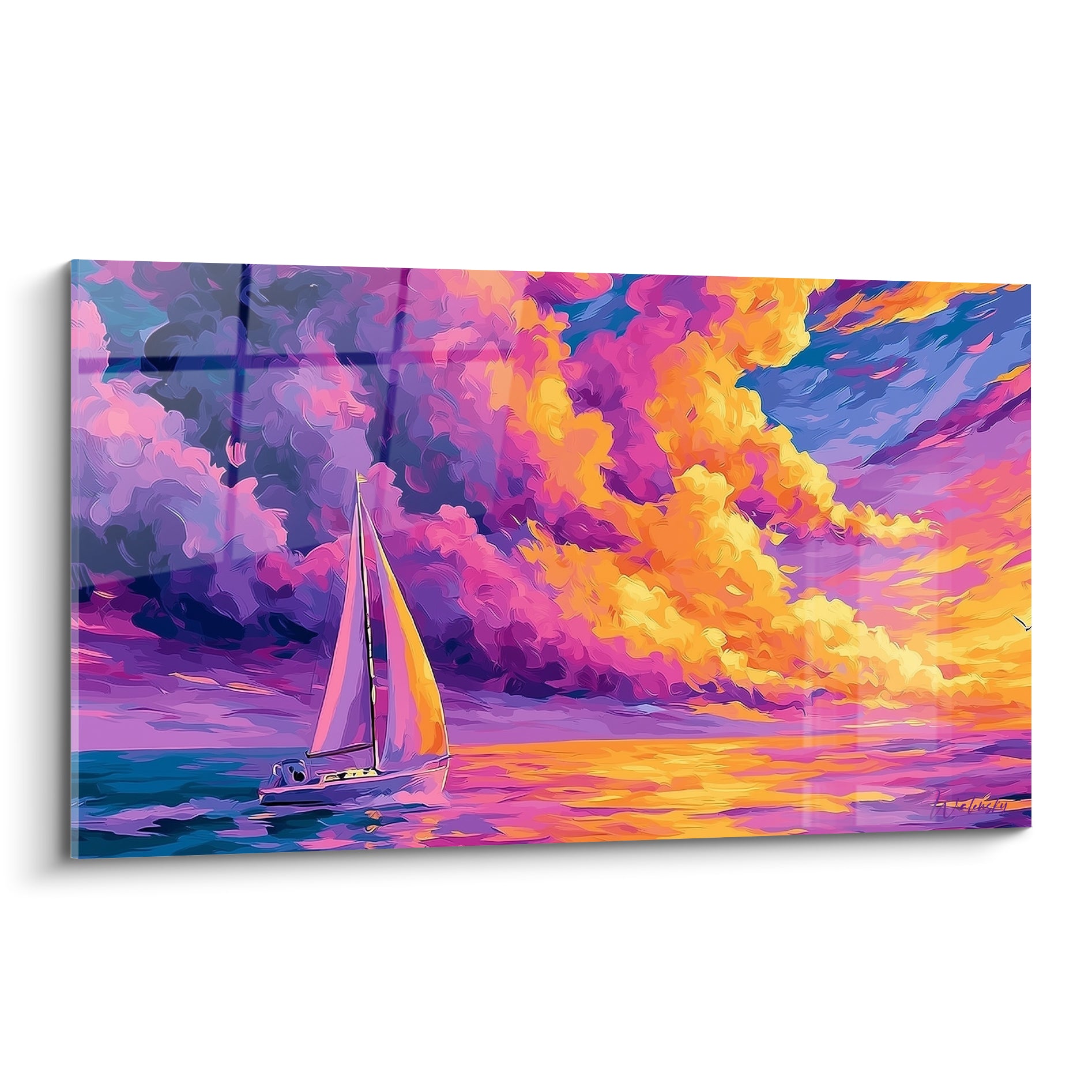 Voilier aux voiles roses glissant sur une mer violette sous un ciel orange flamboyant