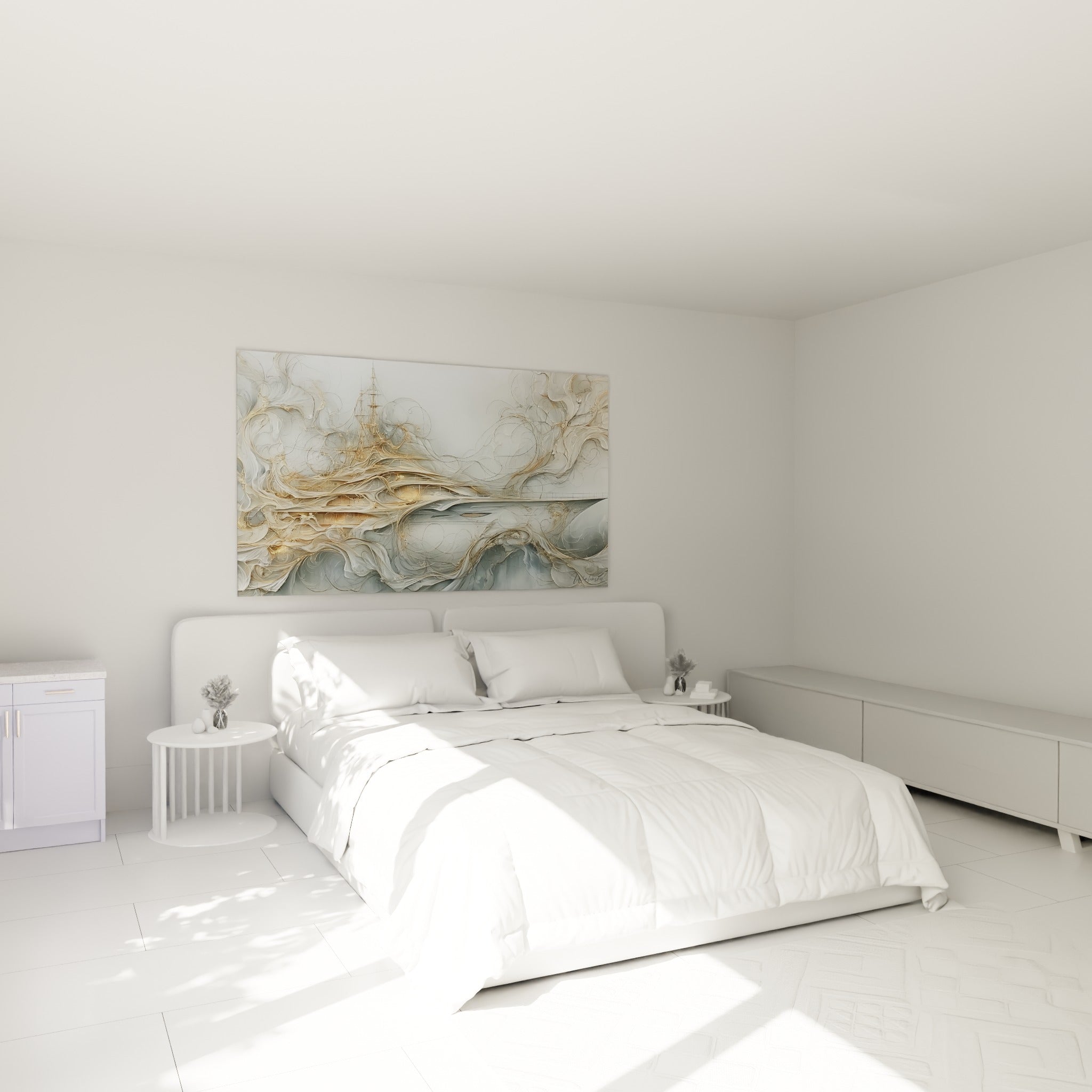 Voilier stylisé aux teintes dorées et grises, tableau bateau abstrait au-dessus d'un lit dans une chambre claire
