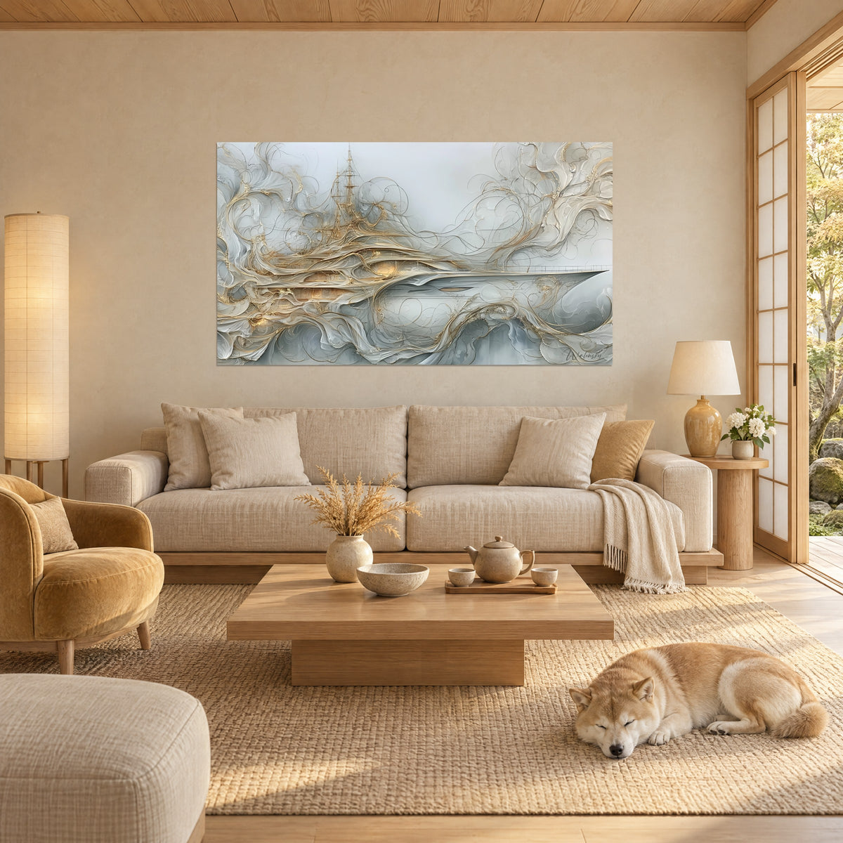 Quadro di una nave fantasma con alberi dorati, volute argentee e grigio perla, uno shiba addormentato sopra un divano in un soggiorno luminoso