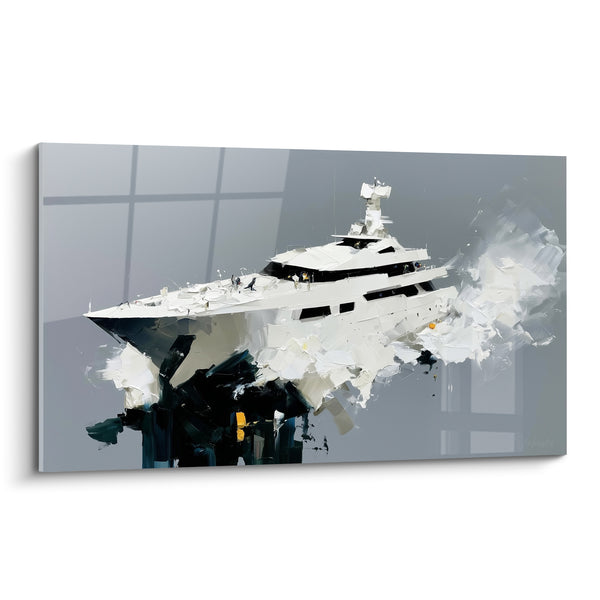 White Yacht Painting with Navy Blue Impasto - Frozen Wake - Abstract Boat Edition