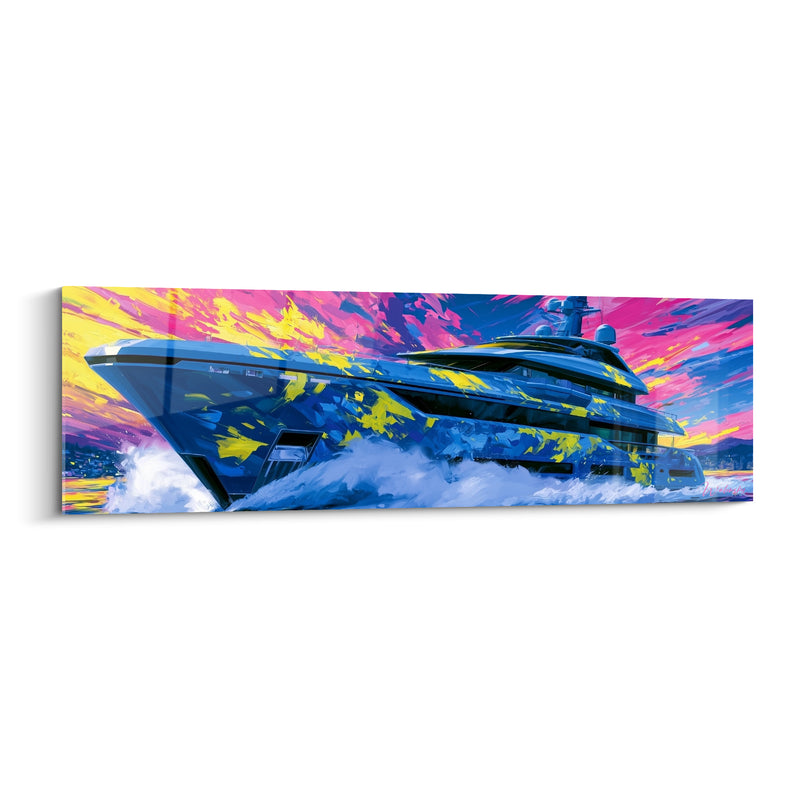 Tableau Yacht bleu et rose éclaboussé de jaune - Course au crépuscule - Edition Bateau abstrait