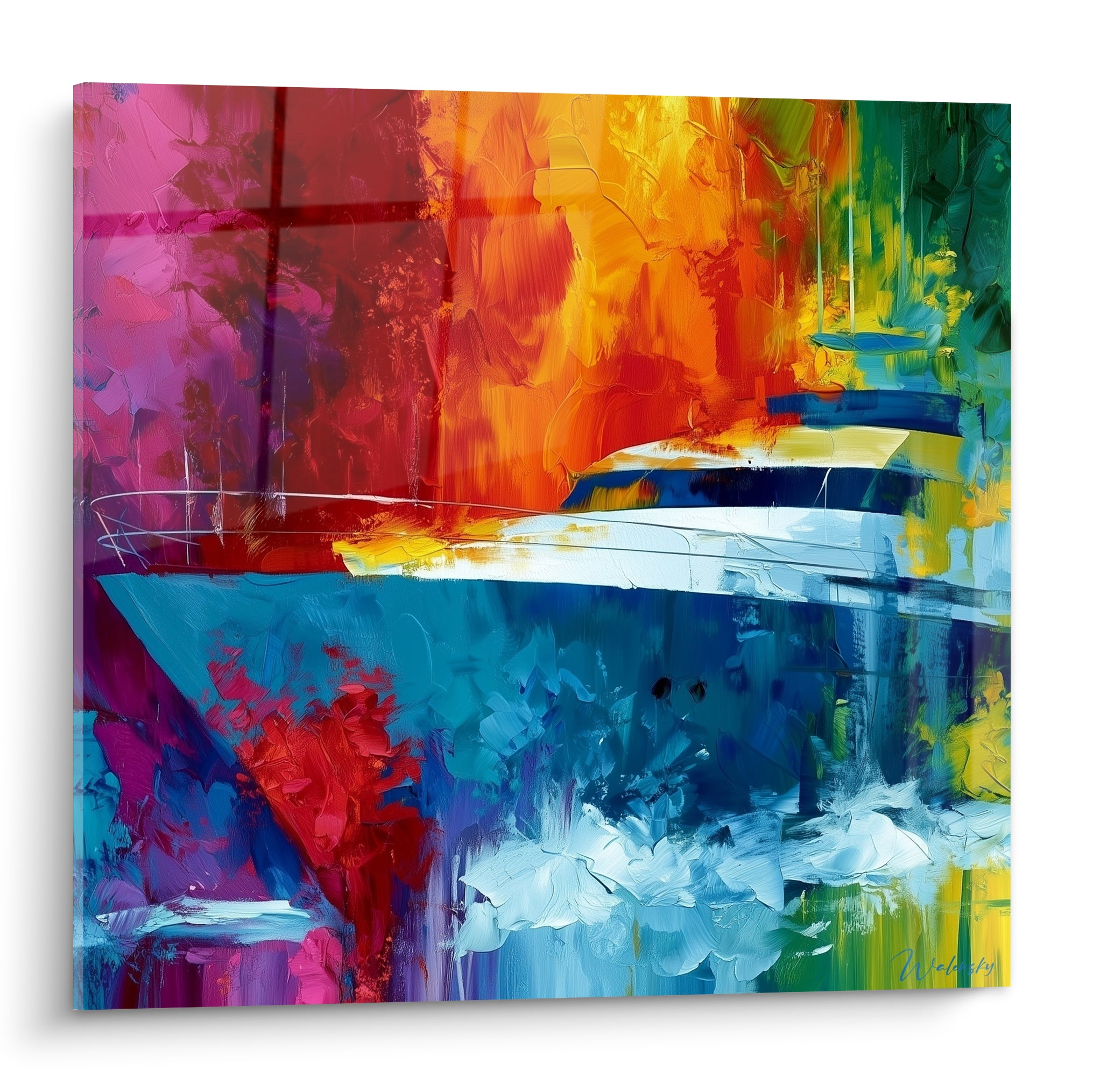 Yacht bleu marine et blanc voguant sur fond rose, orange et vert, tableau bateau abstrait peint à la spatule