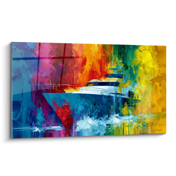 Cuadro de Yate Blanco con toques azul y naranja - Crucero solar - Edición Barco abstracto