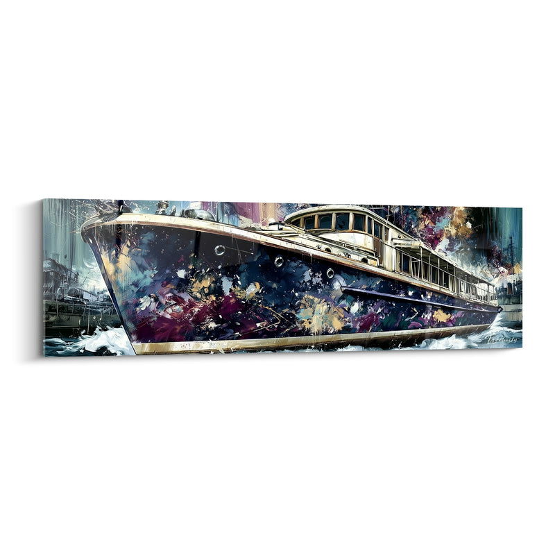 Tableau Yacht pourpre et doré aux hublots ronds - Cabine vitrée panoramique - Edition Bateau abstrait