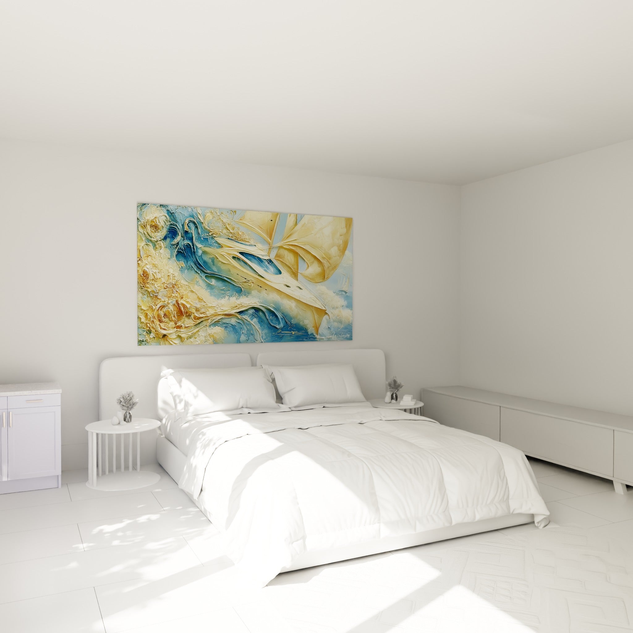 Yacht doré aux voiles gonflées sur fond bleu marine, tableau bateau abstrait au-dessus d'un lit dans une chambre claire