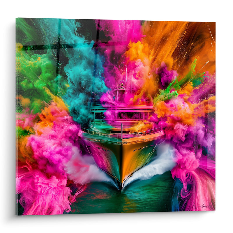 Tableau Yacht doré aux fumées roses et turquoise - Déflagration marine - Edition Bateau abstrait