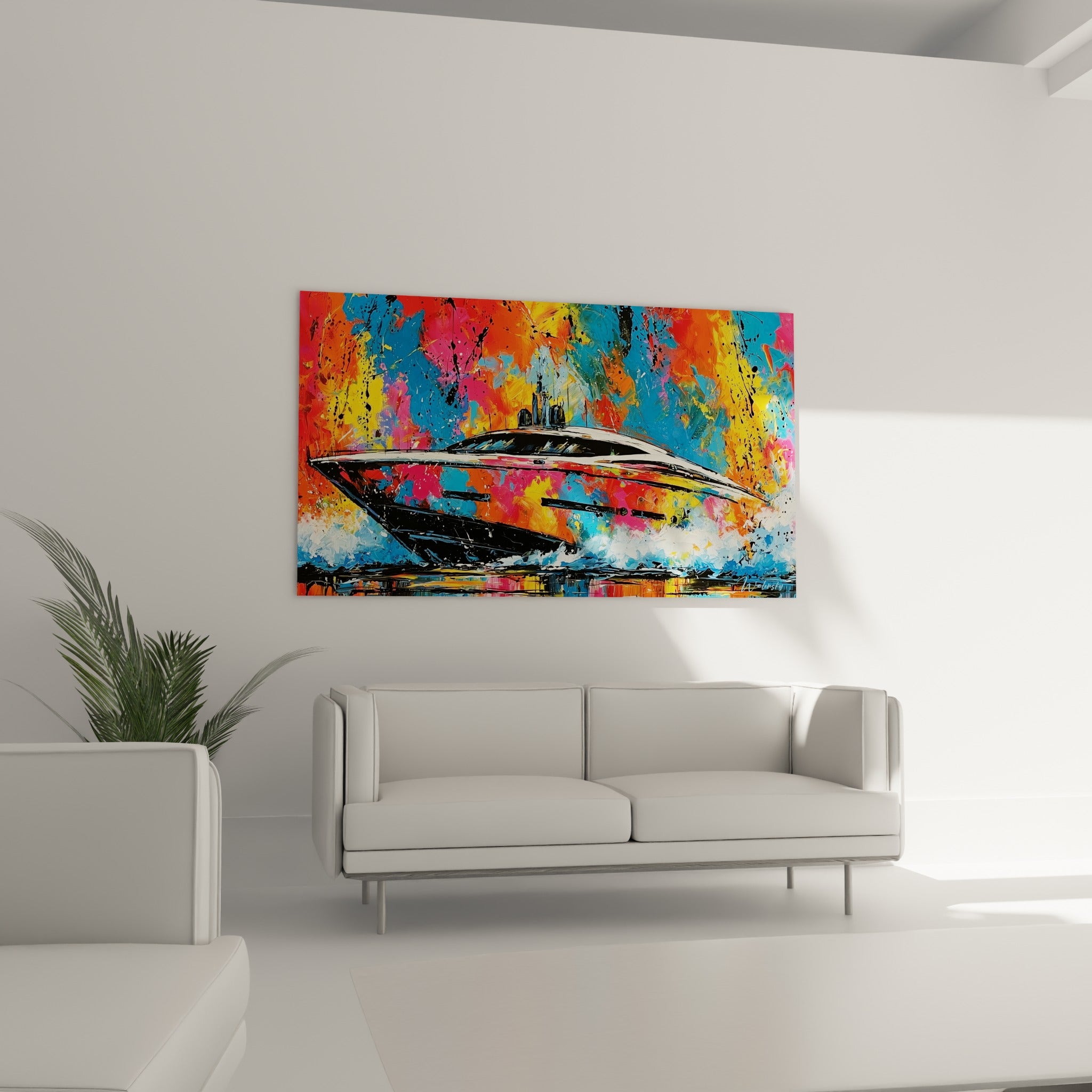 Yacht abstrait noir et coloré, éclats fuchsia et jaunes, au-dessus d'un canapé dans un salon lumineux