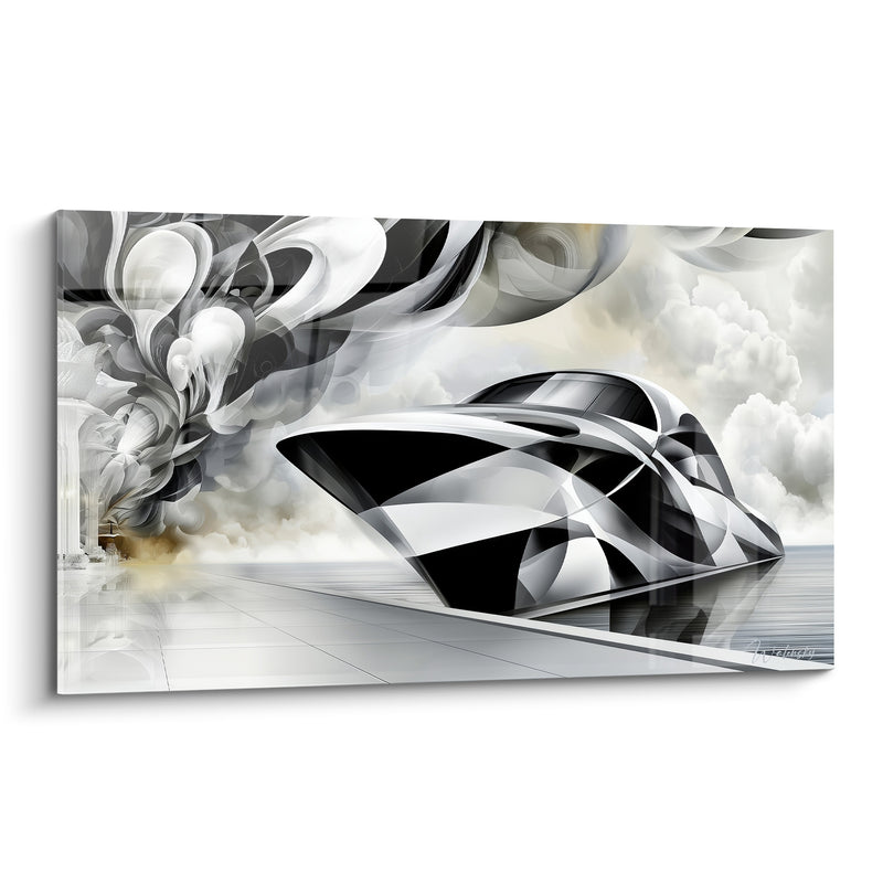 Tableau Yacht futuriste noir et blanc géométrique - Échappée silencieuse - Edition Bateau abstrait