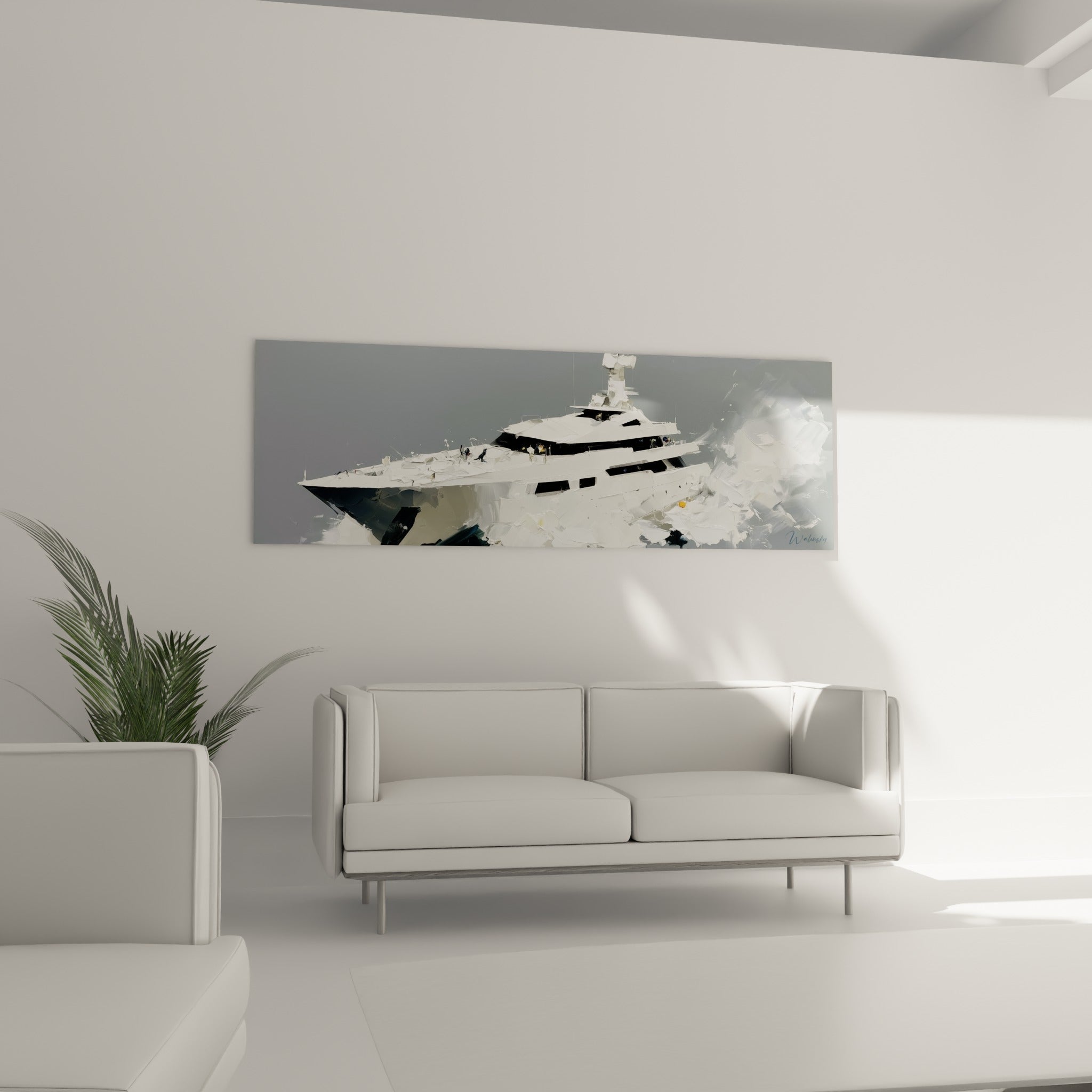 Yacht gris et blanc traversant l'écume, tableau bateau abstrait au-dessus d'un canapé dans un salon lumineux
