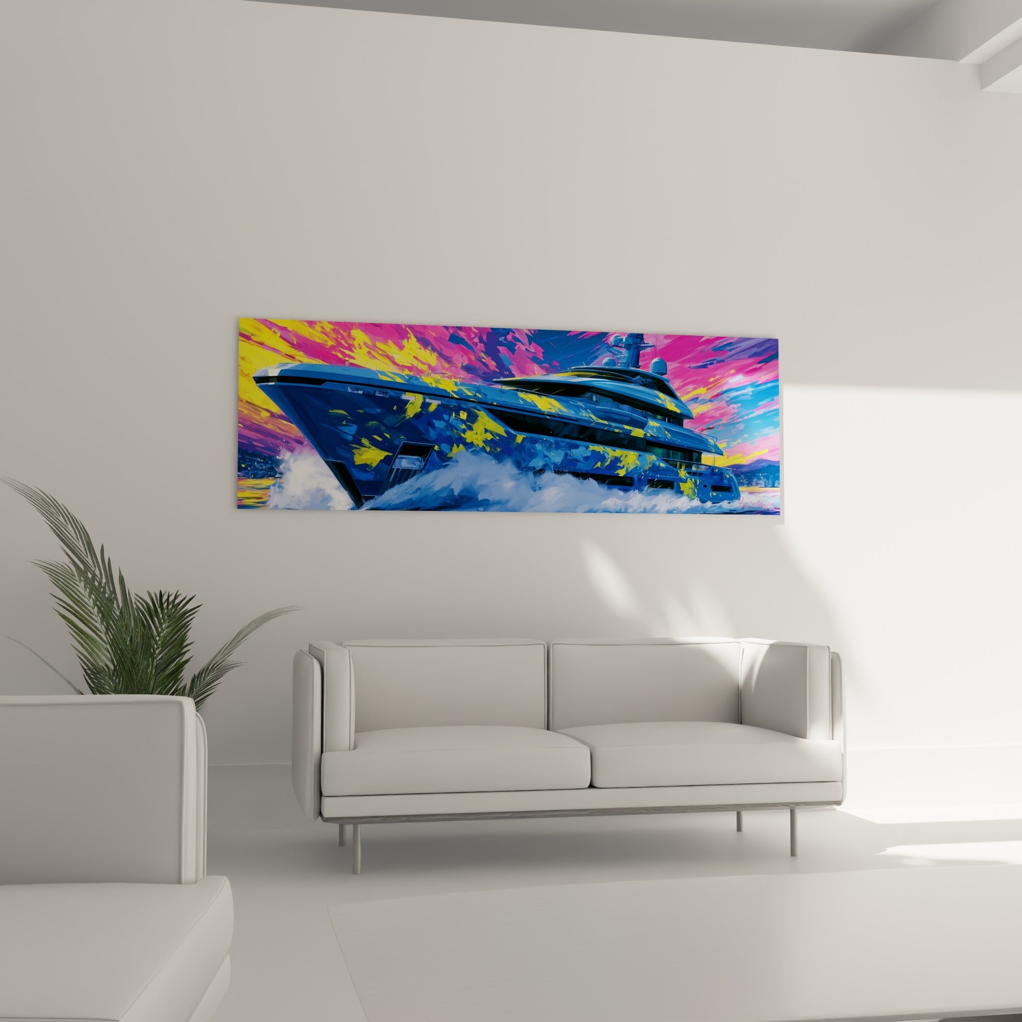 Navire filant sur une mer écumante, ciel fuchsia et doré, accroché au-dessus d'un canapé dans un salon lumineux
