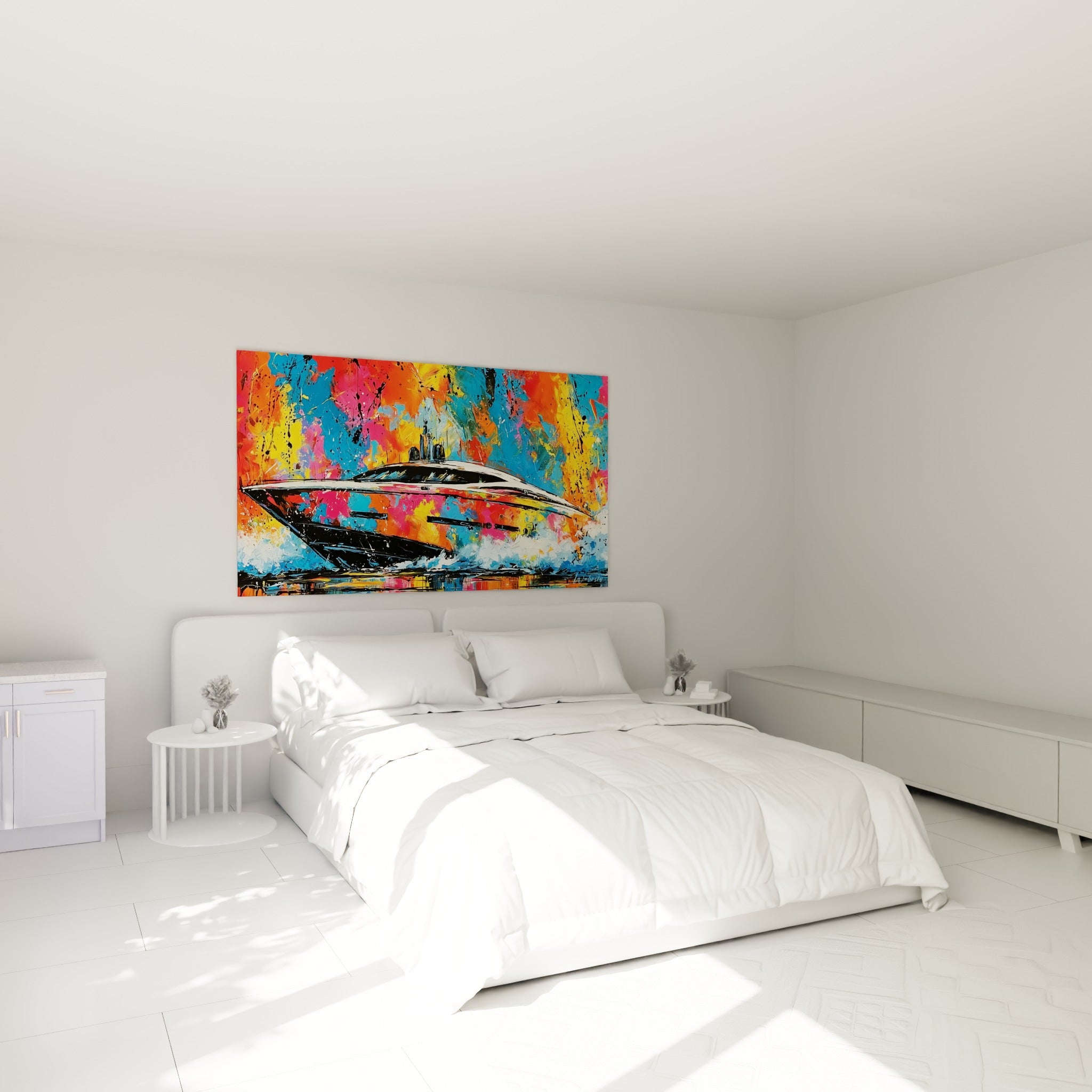 Bateau abstrait aux couleurs vives orange et bleu accroché au-dessus d'un lit dans une chambre claire