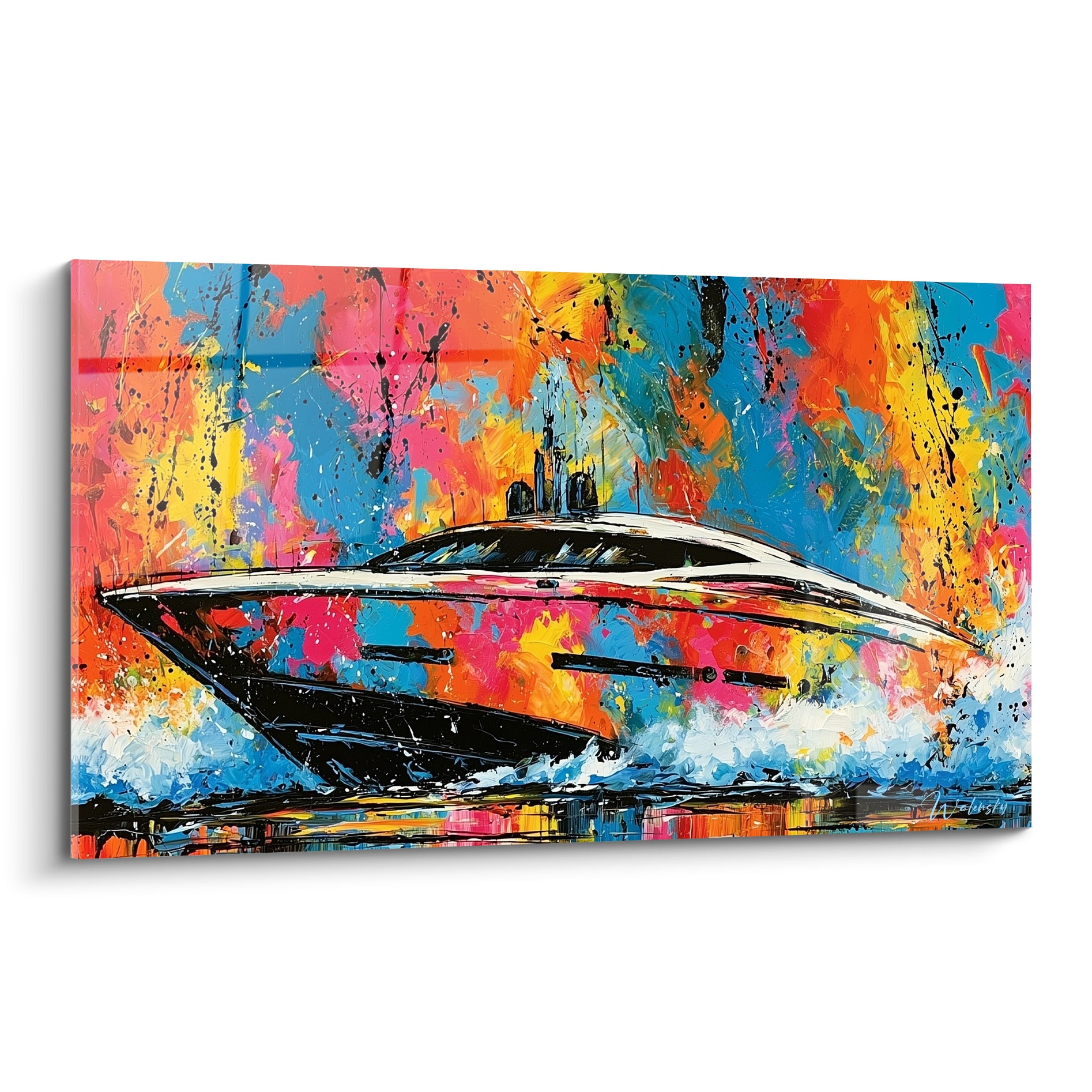 Yacht noir et blanc filant sur une mer d'éclaboussures orange, rose et bleu turquoise