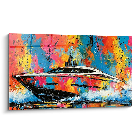 Yacht noir et blanc filant sur une mer d'éclaboussures orange, rose et bleu turquoise