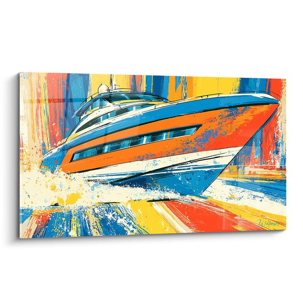 Orange and Blue Yacht Painting Cutting Through Waves - Charting a Course - Abstract Boat Edition