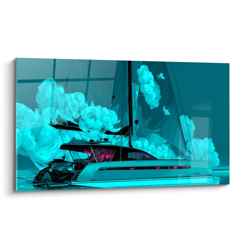 Tableau Yacht turquoise aux nuages fuchsia - Dérive nocturne - Edition Bateau abstrait
