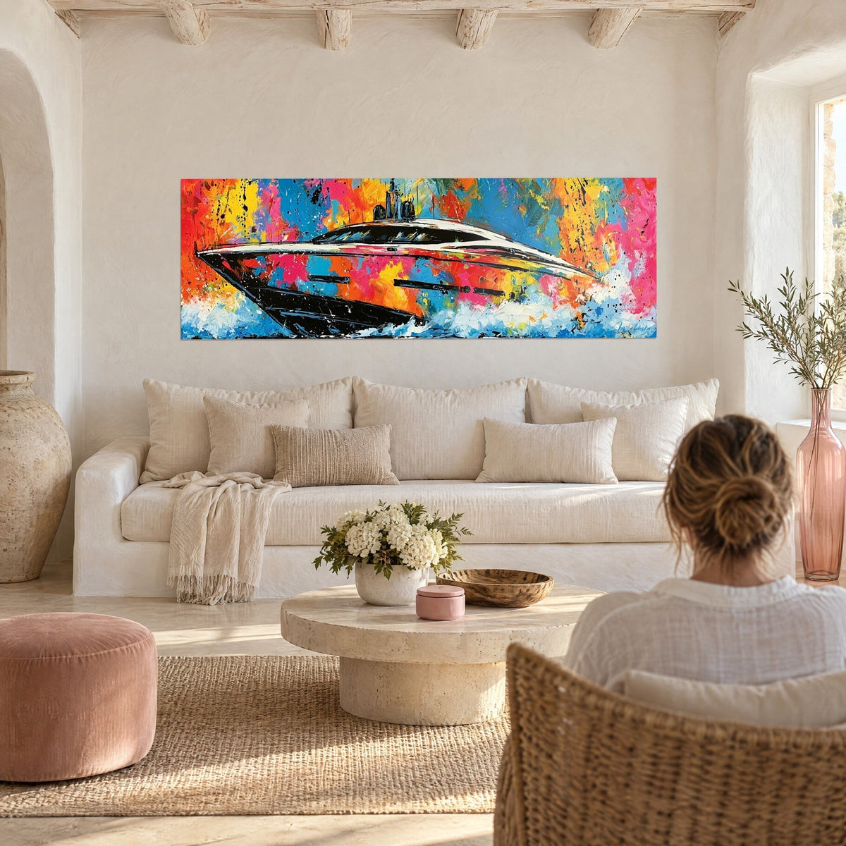 Tableau yacht fendant l'écume turquoise, coque noire et éclaboussures roses et orange, au-dessus d'un canapé dans un salon lumineux